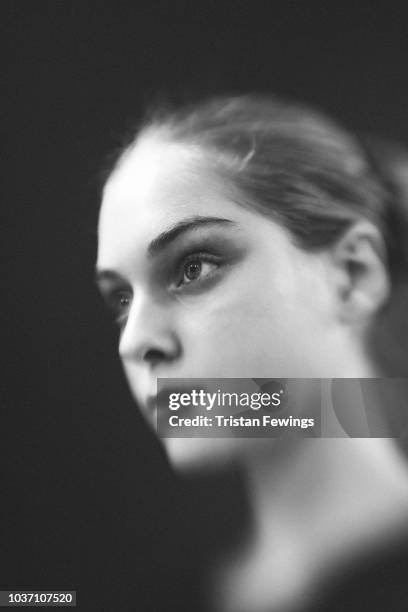 Model is seen backstage ahead of the Antonio Marras show during Milan Fashion Week Spring/Summer 2019 on September 21, 2018 in Milan, Italy.