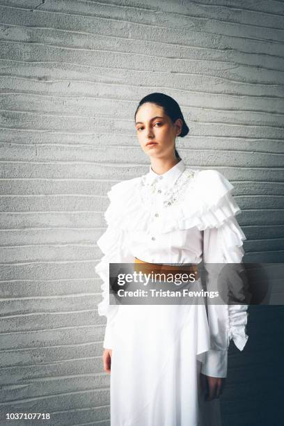 Model is seen backstage ahead of the Antonio Marras show during Milan Fashion Week Spring/Summer 2019 on September 21, 2018 in Milan, Italy.