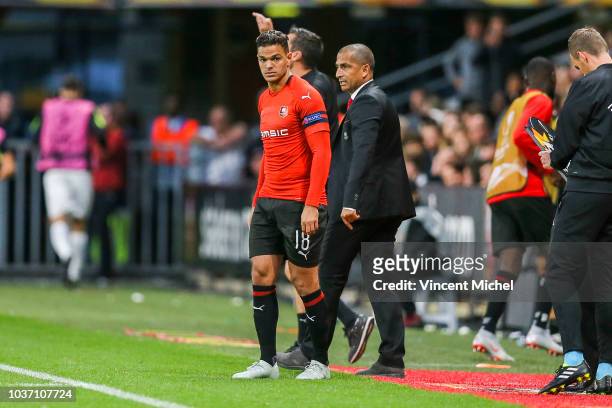 Hatem Ben Arfa and Sabri Lamouchi, head coach of Rennes during the Europa League match between Rennes and Jablonec at Roazhon Park on September 20,...