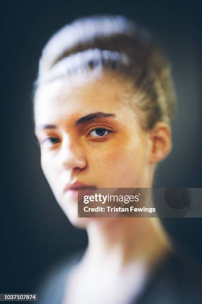 Model is seen backstage ahead of the Antonio Marras show during Milan Fashion Week Spring/Summer 2019 on September 21, 2018 in Milan, Italy.