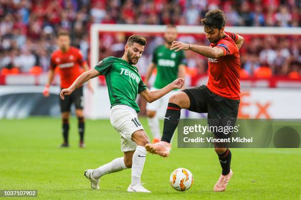 Clement Grenier of Rennes and Michal Travnik of Jablonec during the Europa League match between Rennes and Jablonec at Roazhon Park on September 20,...