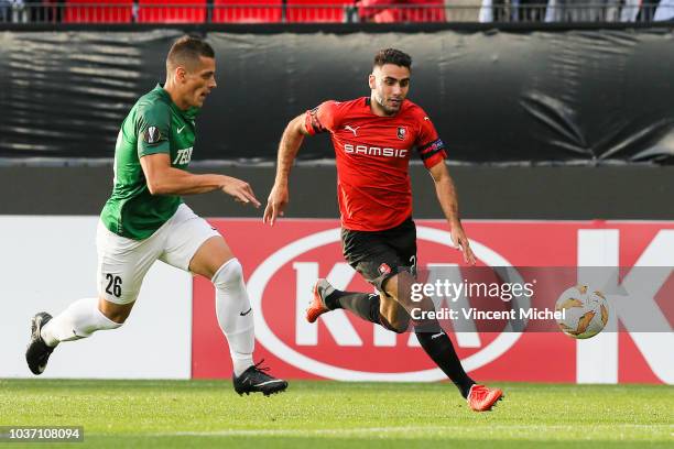 Romain Del Castillo of Rennes and Tomas Holes of Jablonec during the Europa League match between Rennes and Jablonec at Roazhon Park on September 20,...