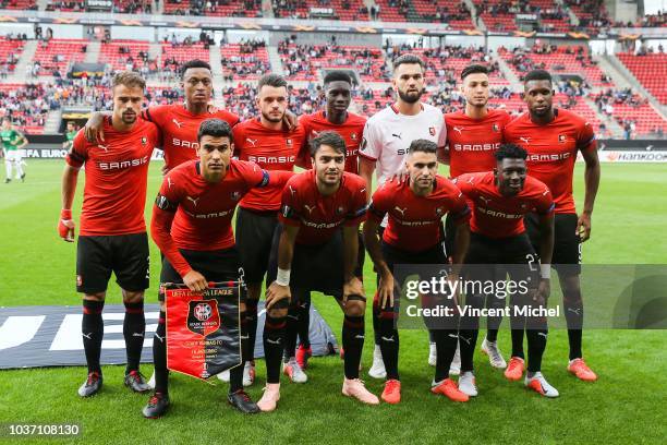 Up, from left to right: Damien Da Silva, Mexer, Jeremy Gelin, Ismaila Sarr, Tomas Koubek, Rami Bensebaini and Jordan Siebatcheu of Rennes Down, from...