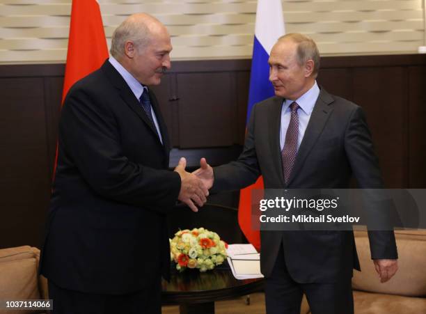 Russian President Vladimir Putin greets Belarussian President Alexander Lukashenko during their meeting at Putin's Black Sea state residence of...