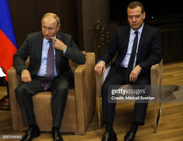 Russian President Vladimir Putin and Prime Minister Dmitry Medvedev attend Russian-Belarussian meeting at Putin's Black Sea state residence of...