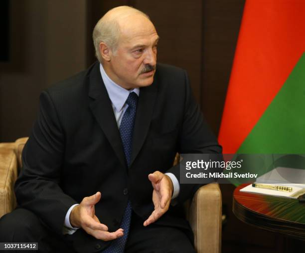 Belarussian President Alexander Lukashenko speeches during Russian-Belarussian meeting at Putin's Black Sea state residence of Bocharov Ruchey on...
