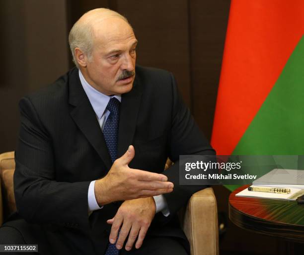 Belarussian President Alexander Lukashenko speeches during Russian-Belarussian meeting at Putin's Black Sea state residence of Bocharov Ruchey on...