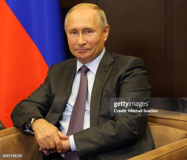 Russian President Vladimir Putin attends Russian-Belarussian meeting at Putin's Black Sea state residence of Bocharov Ruchey on September 21, 2018 in...