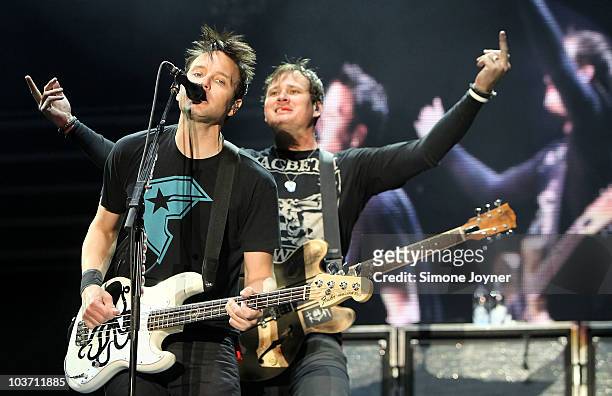 Tom Delonge and Mark Hoppus of Blink 182 perform live on the Main stage during the third and final day of Reading Festival on August 29, 2010 in...