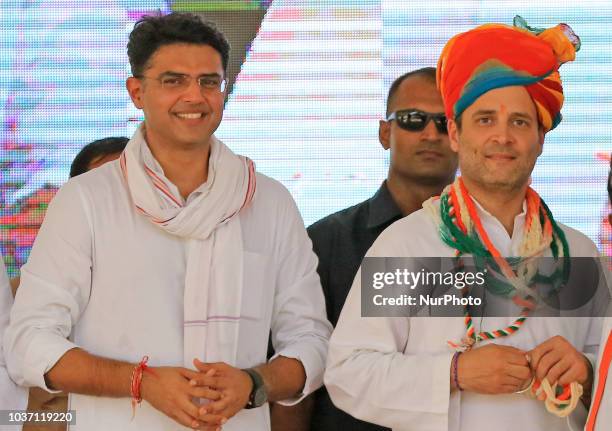 India's Congress President Rahul Gandhi with Rajasthan Congress President Sachin Pilot during the 'Sankalp Rally' at Sangwara in Dungarpur...