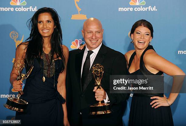 Hosts Padma Lakshmi, Tom Colicchio and Gail Simmons, winners of the Reality - Competition Program Award for "Top Chef" pose in the press room at the...