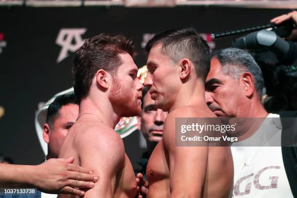 Boxers Saul Alvarez and Gennady Golovkin face to face during the official Weigh-in at T-Mobile Arena on September 14, 2018 in Las Vegas, Nevada.