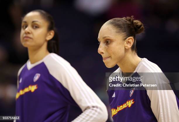 Diana Taurasi of the Phoenix Mercury warms up before Game One of the Western Conference Semifinals against the San Antonio Silver Stars during the...