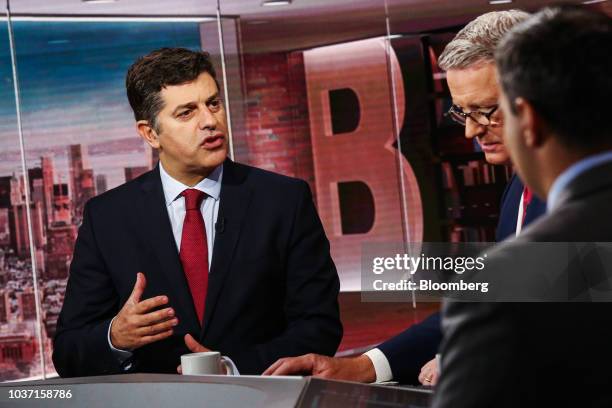 Manuel Caldeira Cabral, Portugal's economy minister, speaks during a Bloomberg Television interview in New York, U.S., on Friday, Sept. 21, 2018....