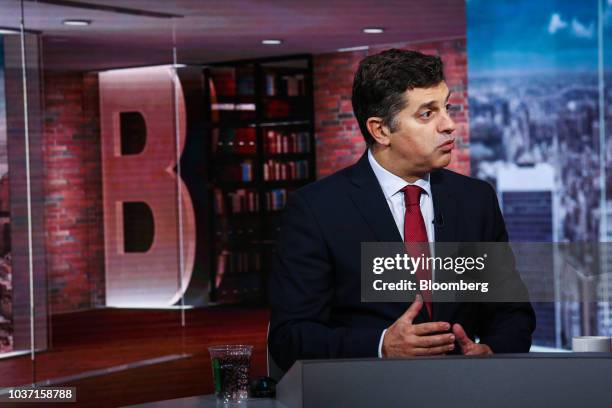 Manuel Caldeira Cabral, Portugal's economy minister, speaks during a Bloomberg Television interview in New York, U.S., on Friday, Sept. 21, 2018....