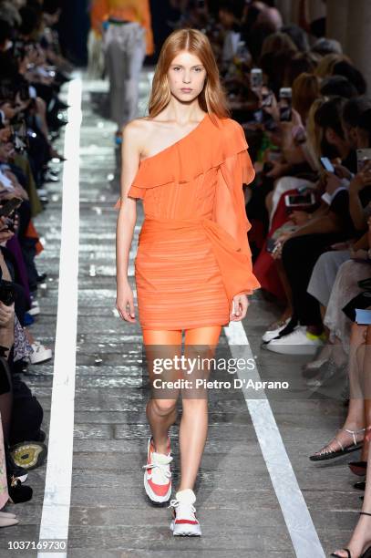 Model walks the runway at the Blumarine show during Milan Fashion Week Spring/Summer 2019 on September 21, 2018 in Milan, Italy.