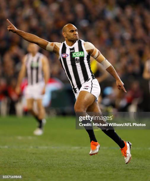 Travis Varcoe of the Magpies celebrates a goal during the 2018 AFL First Preliminary Final match between the Richmond Tigers and the Collingwood...