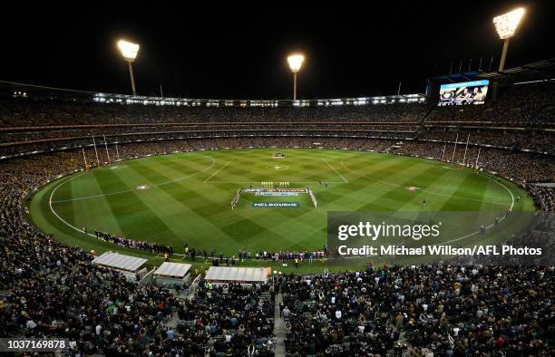 General view of the national anthem during the 2018 AFL First Preliminary Final match between the Richmond Tigers and the Collingwood Magpies at the...