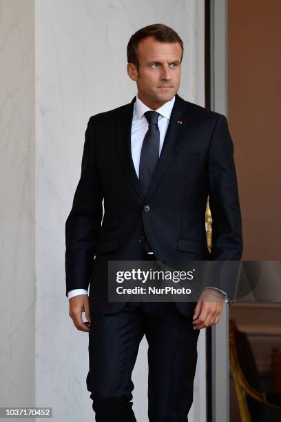 French President Emmanuel Macron arrives to welcome Palestinian president prior to their meeting at the Elysee Palace, on September 21, 2018 in Paris.