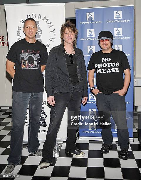 The Goo Goo Dolls Drums Mike Malinin, Lead Vocals and Guitar Johnny Rzeznik and Bassist Robby Takac pose at the Greek Theater on August 29, 2010 in...