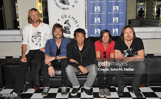 Switchfoot Lead Vocals Jon Foreman, Guitar Andrew Shirley, Keyboard and Backup Guitar Jerome Fontamillas, Bass Tim Foreman and Drums Chad Butler pose...