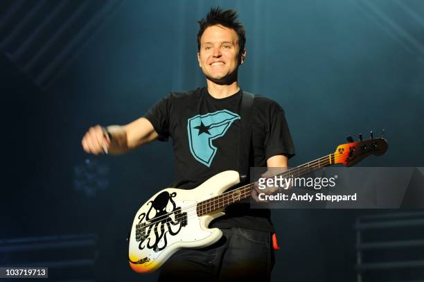 Mark Hoppus of Blink 182 performs on stage during the third and final day of Reading Festival 2010 on August 29, 2010 in Reading, England.