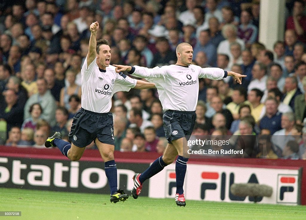 26 Aug 2000:  David Beckham celebrates his goal for Manchester United during the FA Carling Premier 