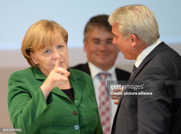 German Chancellor Angela Merkel talks with CDU chairman for Baden-Wuerttemberg Thomas Strobl during an election campaign event for the 2013 German...