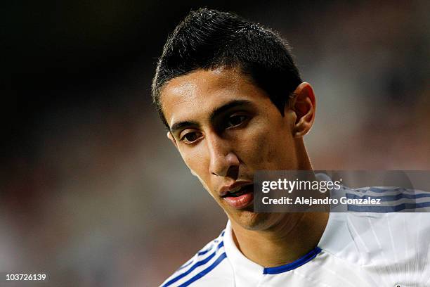 Angel di Maria of Real Madrid looks on during the Santiago Bernabeu Trophy between Real Madrid and Penarol on August 24, 2010 in Madrid, Spain. .