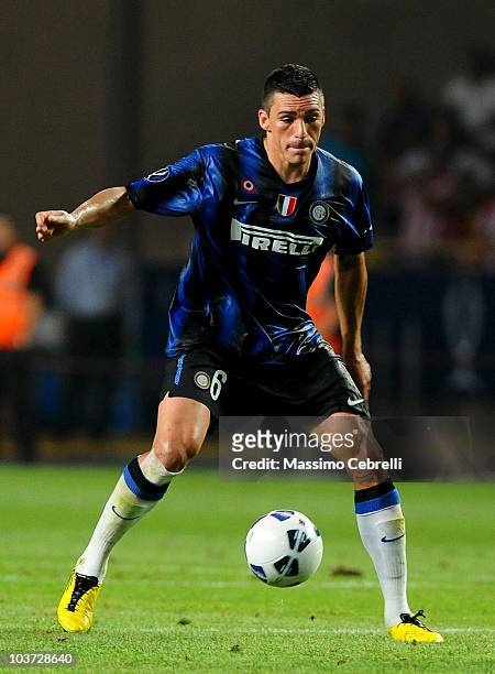 Lucio of FC Inter Milan in action during the UEFA Super Cup match between FC Inter Milan and Atletico de Madrid at Louis II Stadium on August 27,...