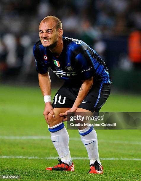 Wesley Sneijder of FC Inter Milan reacts during the UEFA Super Cup match between FC Inter Milan and Atletico de Madrid at Louis II Stadium on August...