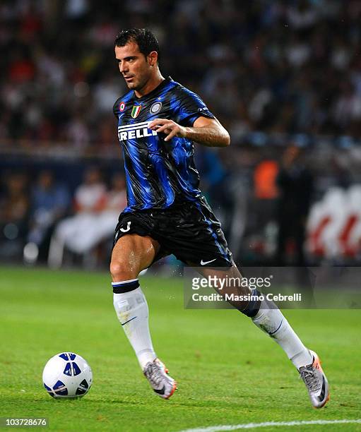 Dejan Stankovic of FC Inter Milan in action during the UEFA Super Cup match between FC Inter Milan and Atletico de Madrid at Louis II Stadium on...