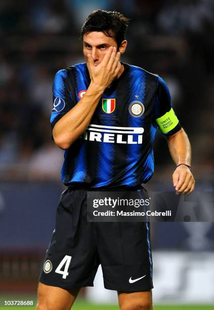 Javier Zanetti of FC Inter Milan gestures during the UEFA Super Cup match between FC Inter Milan and Atletico de Madrid at Louis II Stadium on August...