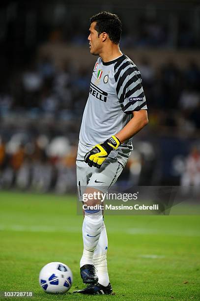 Julio Cesar of FC Inter Milan in action during the UEFA Super Cup match between FC Inter Milan and Atletico de Madrid at Louis II Stadium on August...