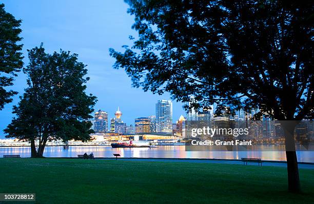 view of skyline through trees. - stanley park fotografías e imágenes de stock