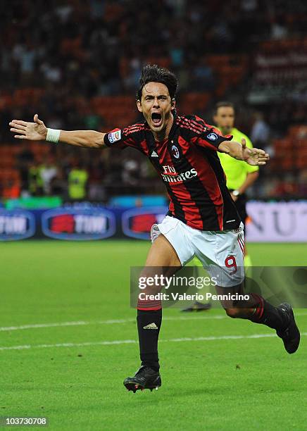 Filippo Inzaghi of AC Milan celebrates his goal during the Serie A match between AC Milan and US Lecce at Stadio Giuseppe Meazza on August 29, 2010...