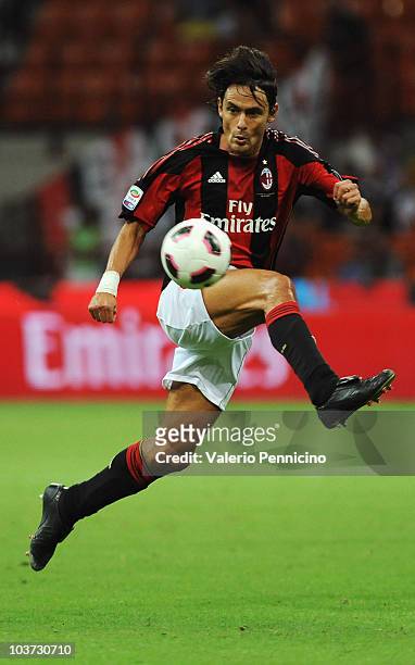 Filippo Inzaghi of AC Milan in action during the Serie A match between AC Milan and US Lecce at Stadio Giuseppe Meazza on August 29, 2010 in Milan,...