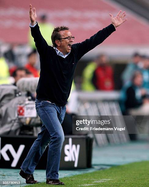 Coach Norbert Meier of Duesseldorf yells during the Second Bundesliga match between Fortuna Duesseldorf and Hertha BSC Berlin at Esprit Arena on...