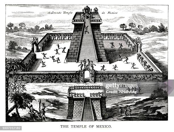 stockillustraties, clipart, cartoons en iconen met houtsnede van de grote tempel van tenochtitlan, mexico - azteeks