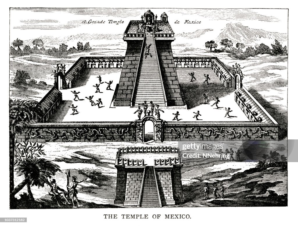 Woodcut of the Grand Temple at Tenochtitlan, Mexico