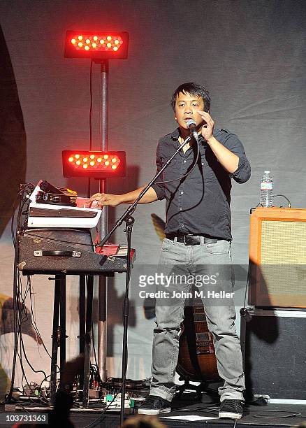 Jerome Fonramillas Keyboardist and backup guitar player of the group Switchfoot performs at the Greek Theater on August 29, 2010 in Los Angeles,...