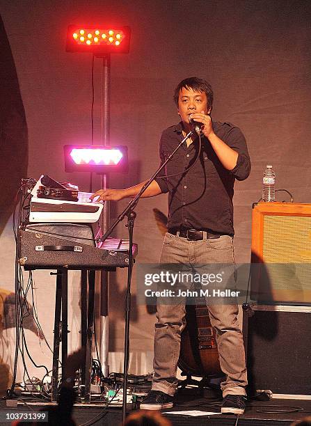 Jerome Fonramillas Keyboardist and backup guitar player of the group Switchfoot performs at the Greek Theater on August 29, 2010 in Los Angeles,...