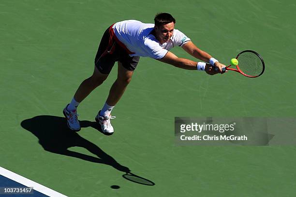 Robin Soderling of Sweden returns a shot against Andreas Haider-Maurer of Austria during the Men's Singles first round match on day one of the 2010...