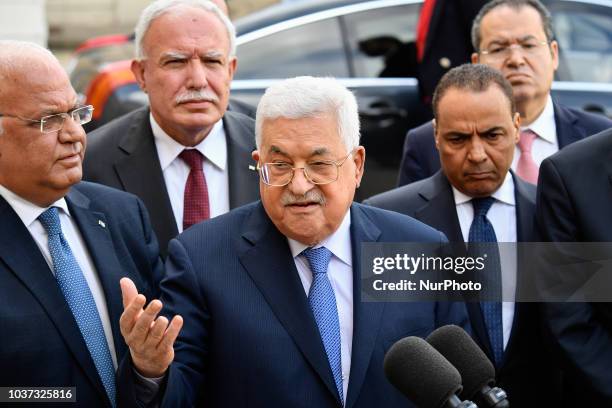 Palestinian President Mahmoud Abbas speaks to media after his meeting with French president Emmanuel Macron at the Elysee Palace in Paris, France on...