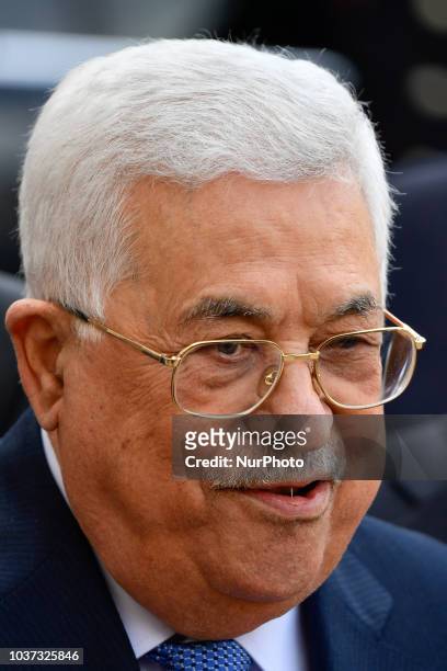 Palestinian President Mahmoud Abbas speaks to media after his meeting with French president Emmanuel Macron at the Elysee Palace in Paris, France on...