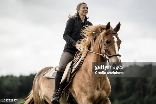 woman riding horse dramatic sky - animal riding stock pictures, royalty-free photos & images