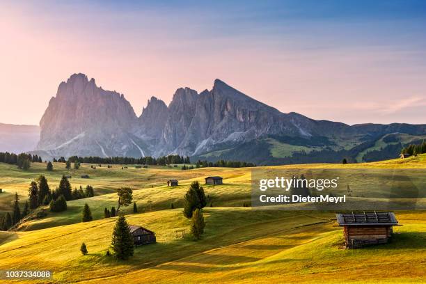 alpe di siusi sonnenaufgang mit langkofel oder langkofel berggruppe im hintergrund - plateau stock-fotos und bilder