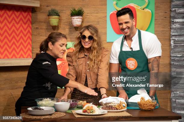Paulina Rubio and Jesus Diaz, aka Chef Yisus, are seen on the set of "Despierta America" at Univision Studios on September 21, 2018 in Miami, Florida.