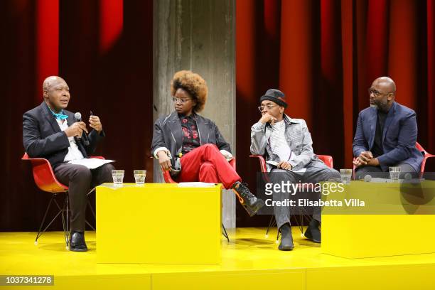 Okwui Enwezor, Dee Rees, Spike Lee and Theaster Gates attend Theaster Gates, Spike Lee and Dee Rees, in conversation with Okwui Enwezor, for the...