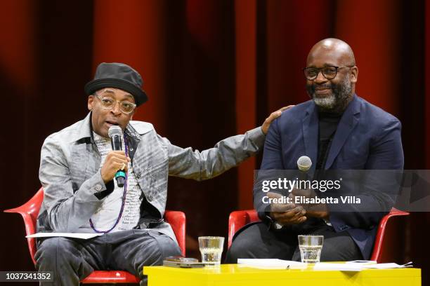 Spike Lee and Theaster Gates attend Theaster Gates, Spike Lee and Dee Rees, in conversation with Okwui Enwezor, for the presentation of film program...